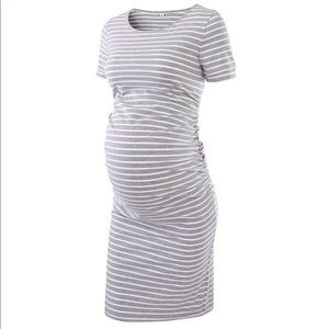 Maternity body con dress,Grey Striped shirt sleeve